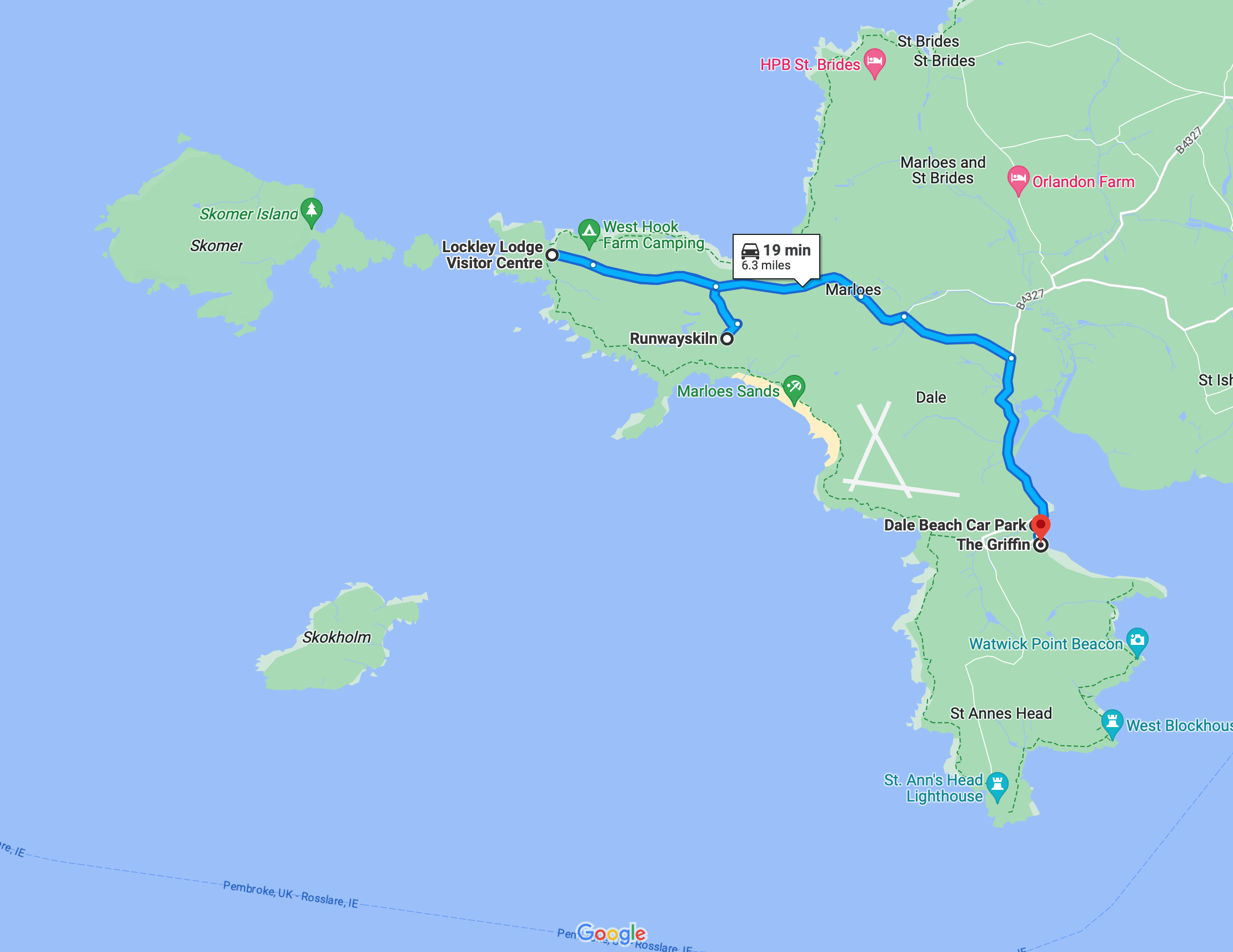 Itinerary map showing Skomer Island and nearby area