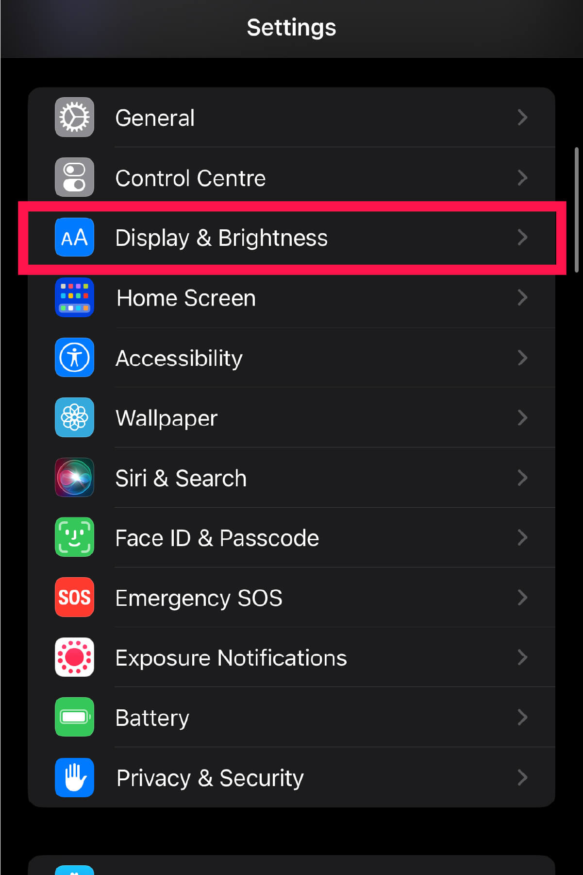 iPhone - Change iPhone settings for red tinted screen - 03 - Select 'Display & Brightness'