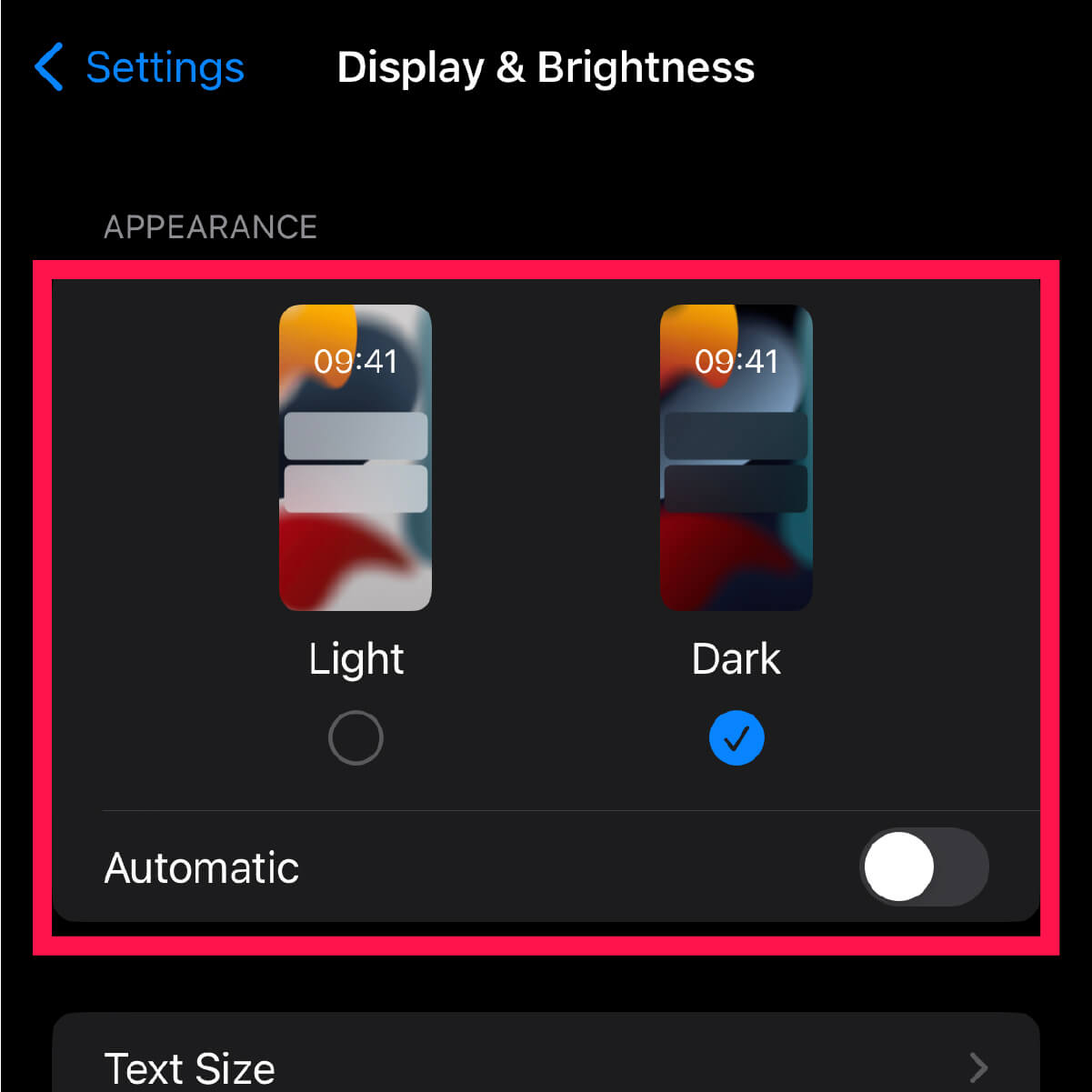 iPhone - Change iPhone settings for red tinted screen - 04 - Choose appearance - Dark
