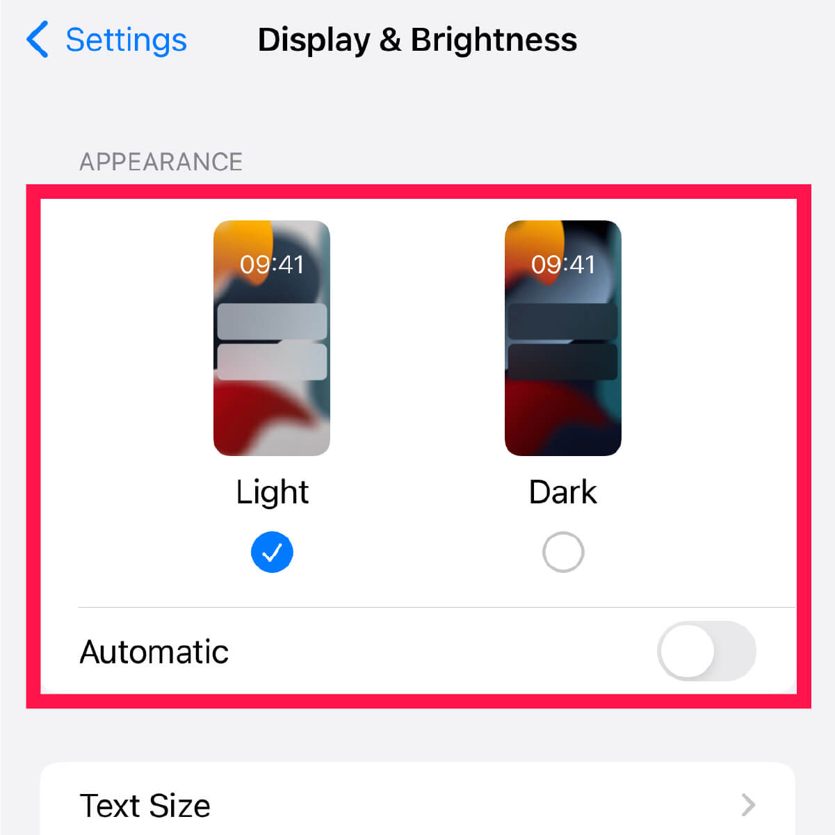 iPhone - Change iPhone settings for red tinted screen - 05 - Choose appearance - Light