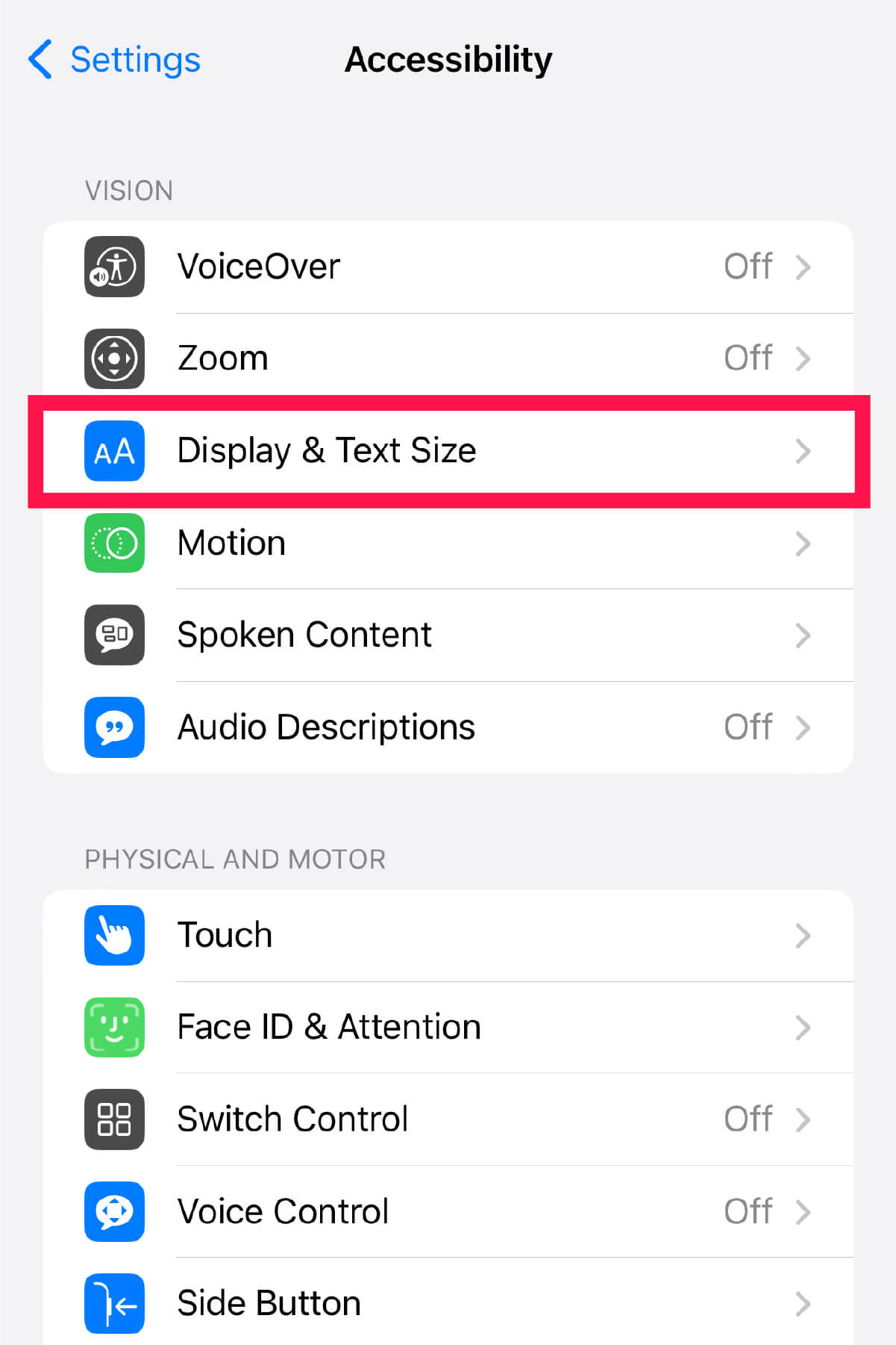 iPhone - Change iPhone settings for red tinted screen - 07 - Select 'Display & Text Size'