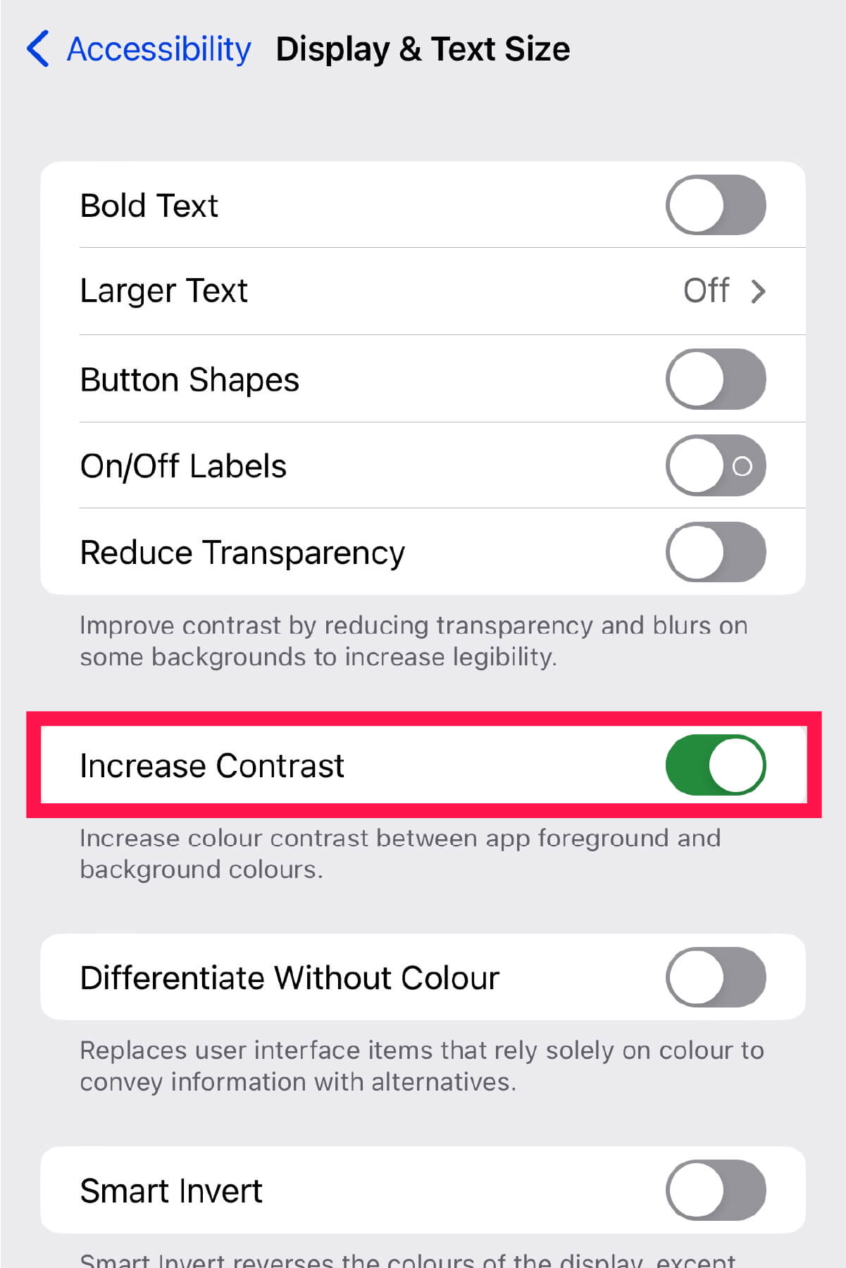 iPhone - Change iPhone settings for red tinted screen - 08 - Turn on 'Increase Contrast'