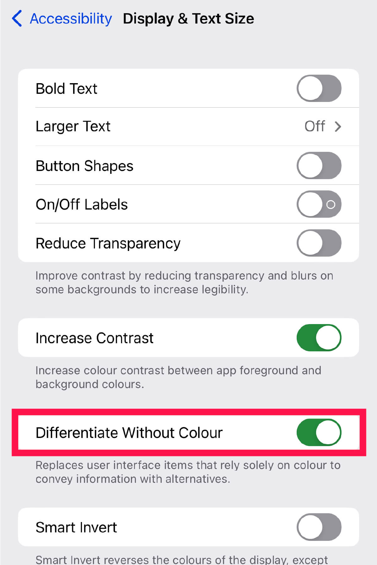iPhone - Change iPhone settings for red tinted screen - 09 - Turn on 'Differentiate Without Colour'