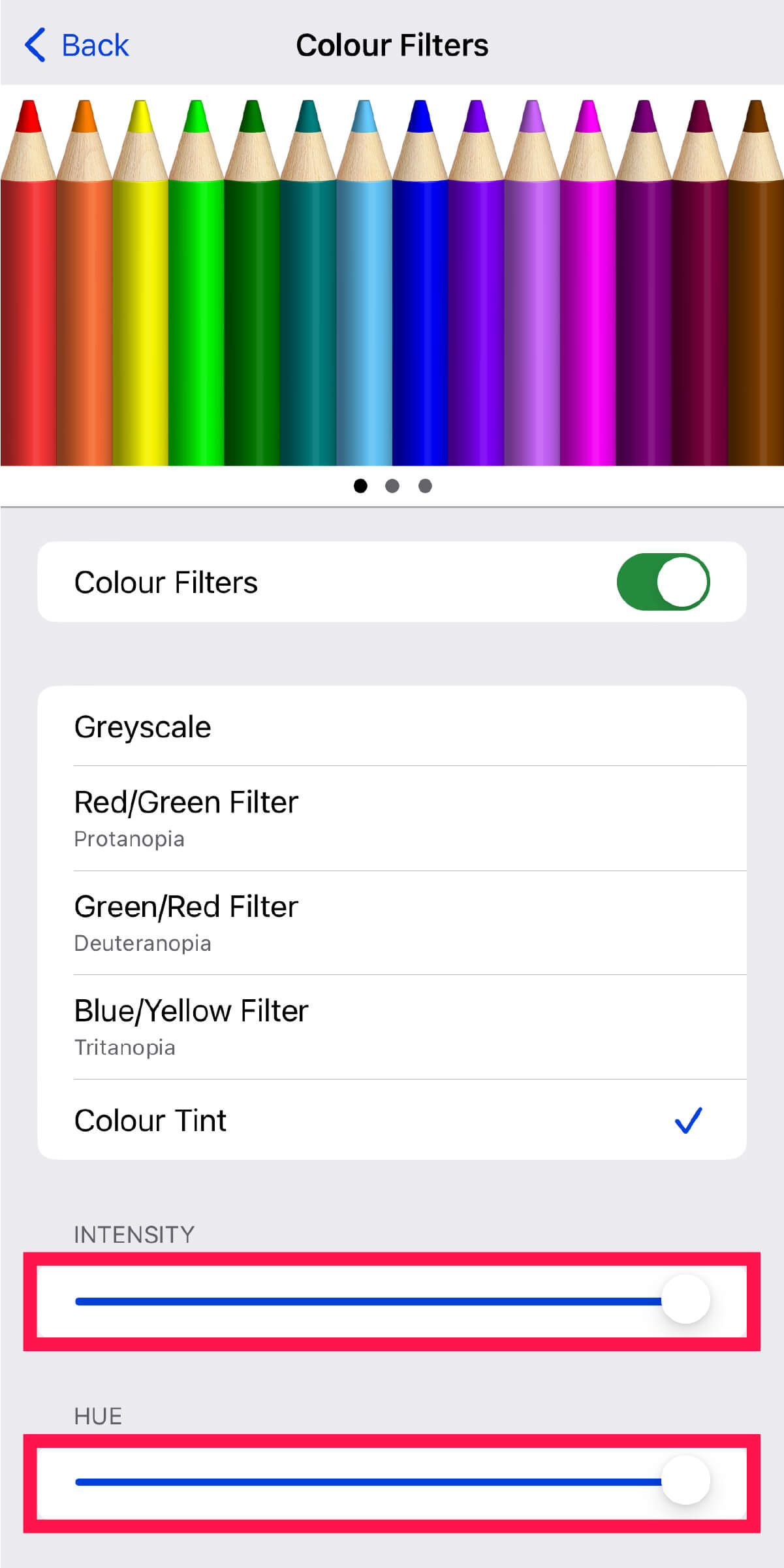 iPhone - Change iPhone settings for red tinted screen - 12 - Choose 'Colour Tint' and move 'Intensity' and 'Hue' sliders all the way to the right