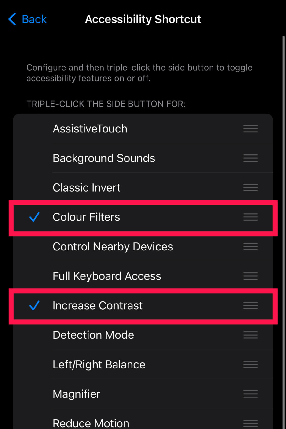 iPhone - Change iPhone settings for red tinted screen - 14 - Tick 'Colour Filters' and 'Increase Contrast'